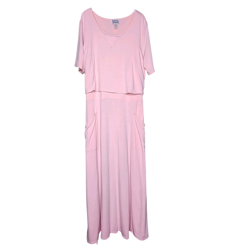 Anthony Richards Maxi Dress XL Pink Short Sleeve Layered Pockets Stretch Knit